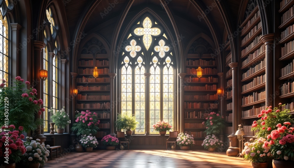 Obraz premium Gothic library filled with antique bookshelves, stained glass window. Sunlight streams through large arched window. Beautiful flowers in pots add vibrant color to room. Peaceful atmosphere created by