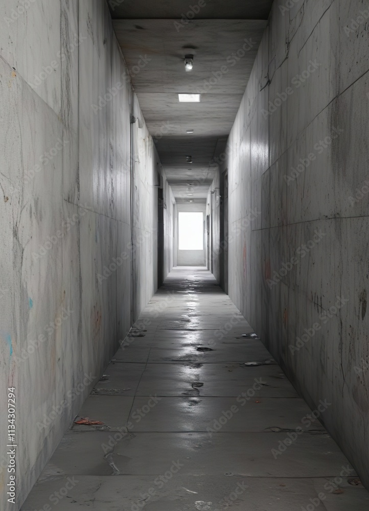 View of a long gray concrete corridor with uneven walls and peeling paint, uneven surfaces, peeling paint, faded color tone View of a long gray concrete corridor with uneven walls and peeling paint, uneven surfaces, peeling paint, faded color tone