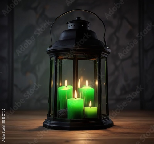 A black lantern with glowing green candles surrounding it, eerie, mystical, green