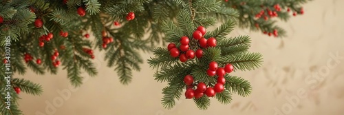 Freshly cut evergreen tree with white branches and bright red berries against a warm beige background, snowflake pattern, evergreen tree, Christmas tree decoration