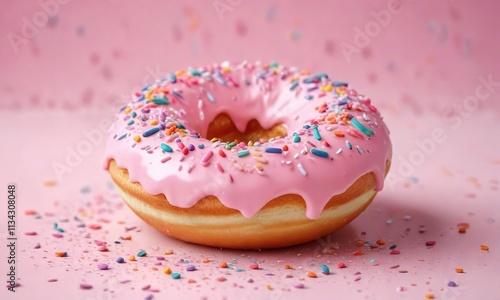 Pastel pink frosted donut with colorful sprinkles scattered around its surface, donuts, baked goods photo