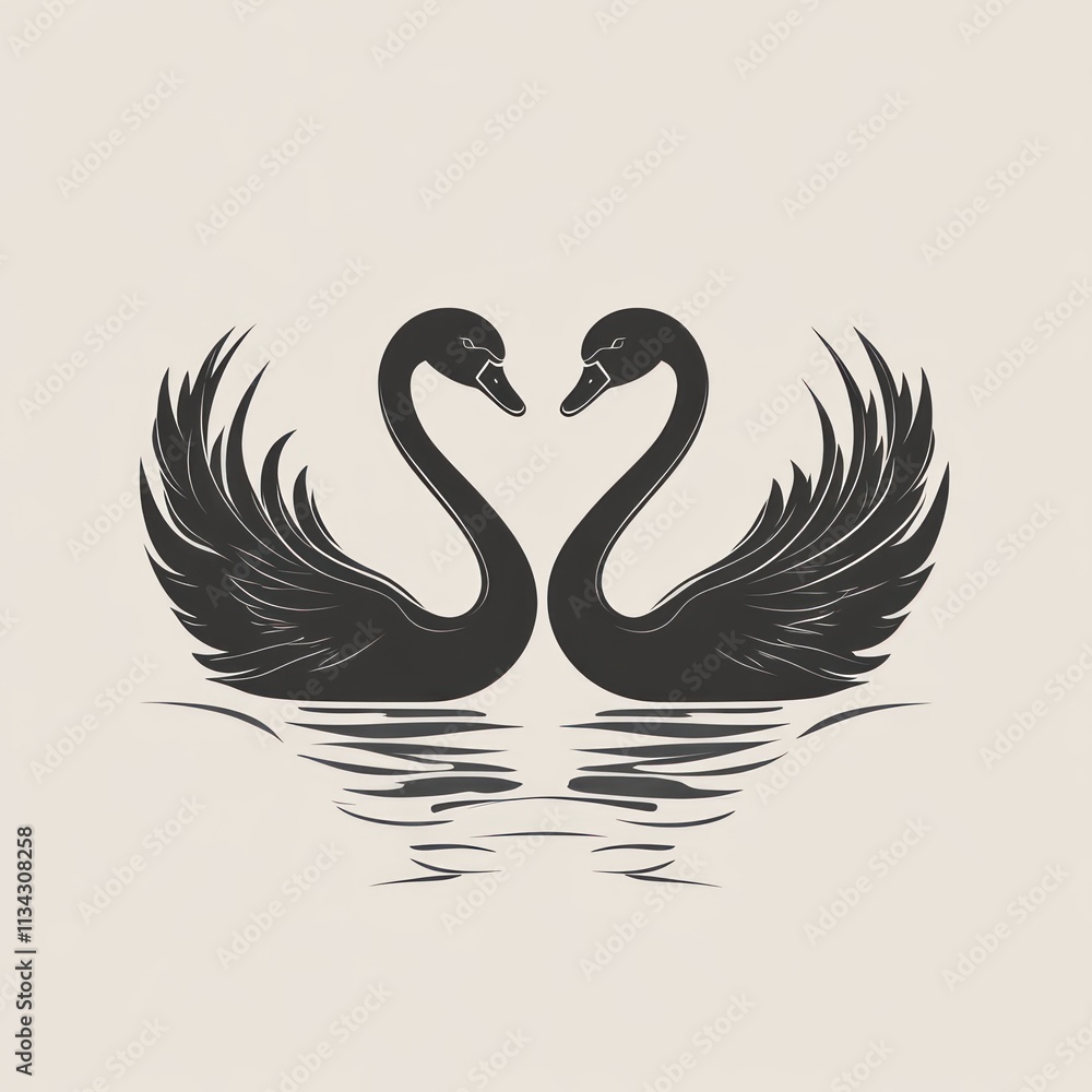 Two black swans facing each other on calm water, creating a heart shape with their necks. Two black swans facing each other on calm water, creating a heart shape with their necks.