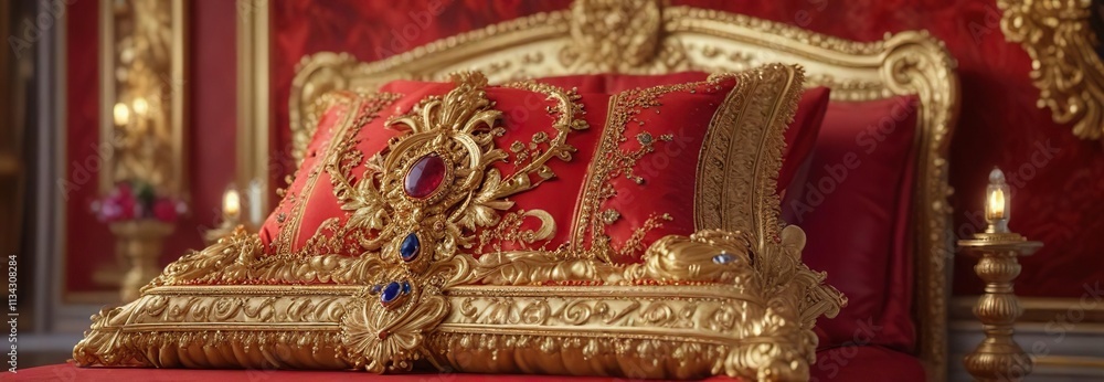 Obraz premium Intricately designed golden regalia adorned with crimson sapphires is placed atop a sumptuous gold pillow against a rich crimson wall, majestic, crimson wall, regal