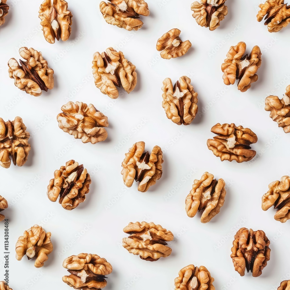 Walnut halves arranged on a white backdrop, creating a visually appealing pattern Walnut halves arranged on a white backdrop, creating a visually appealing pattern
