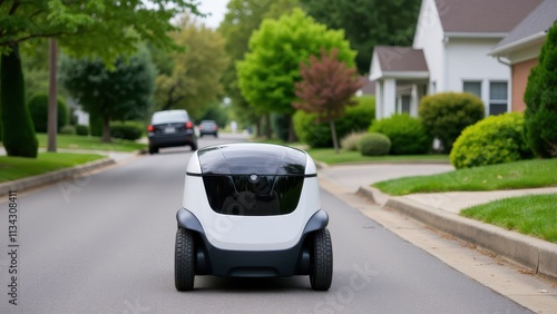 Delivery robot on a residential street, driving to deliver a package, suburban setting, trees and houses in the background