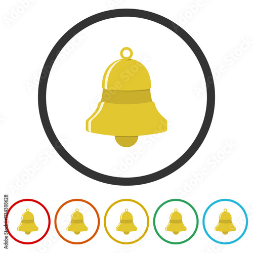 Gold bell notification icon. Set icons in color circle buttons