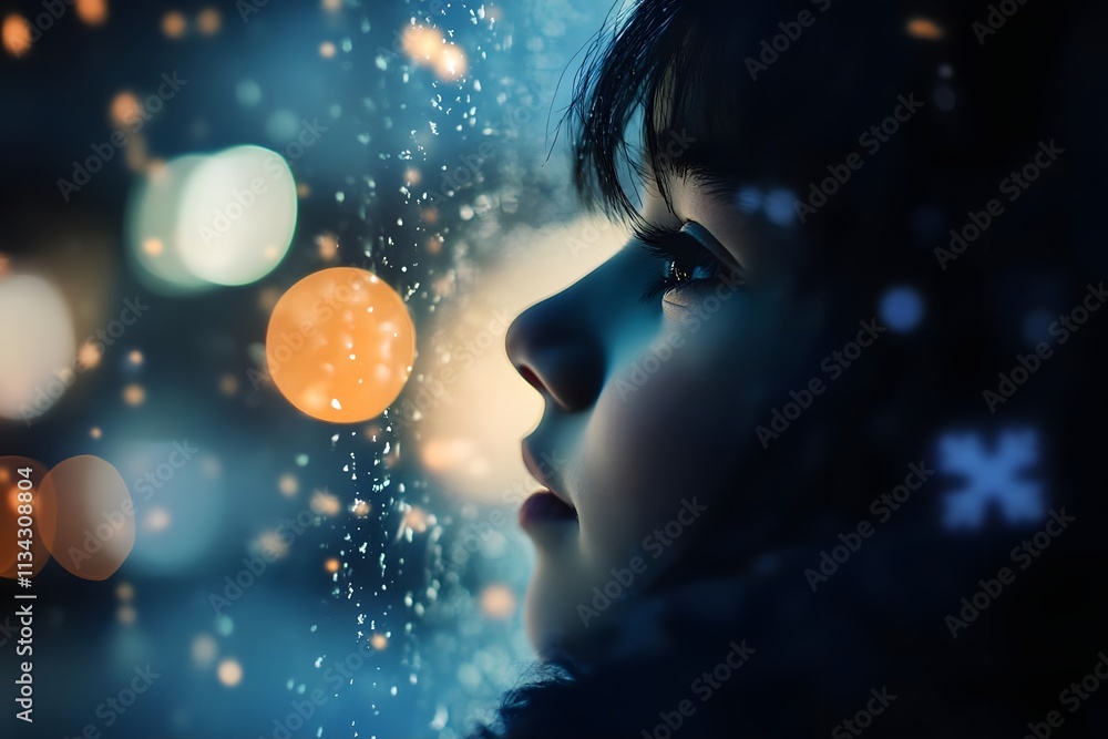 A child gazes thoughtfully out a frosty window, illuminated by soft, glowing lights. A child gazes thoughtfully out a frosty window, illuminated by soft, glowing lights.