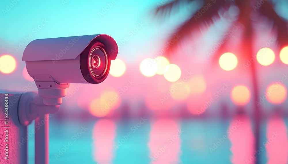 Outdoor security system with a CCTV camera placed by the pool area, ensuring home safety in all areas. Outdoor security system with a CCTV camera placed by the pool area, ensuring home safety in all areas.