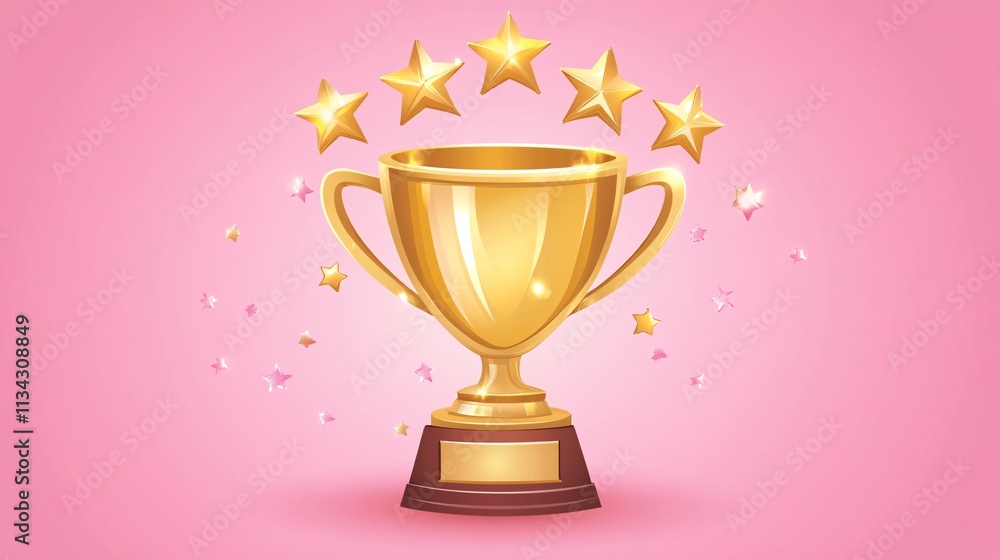A golden trophy with five shining stars against a pink background, symbolizing achievement and success. A golden trophy with five shining stars against a pink background, symbolizing achievement and success.