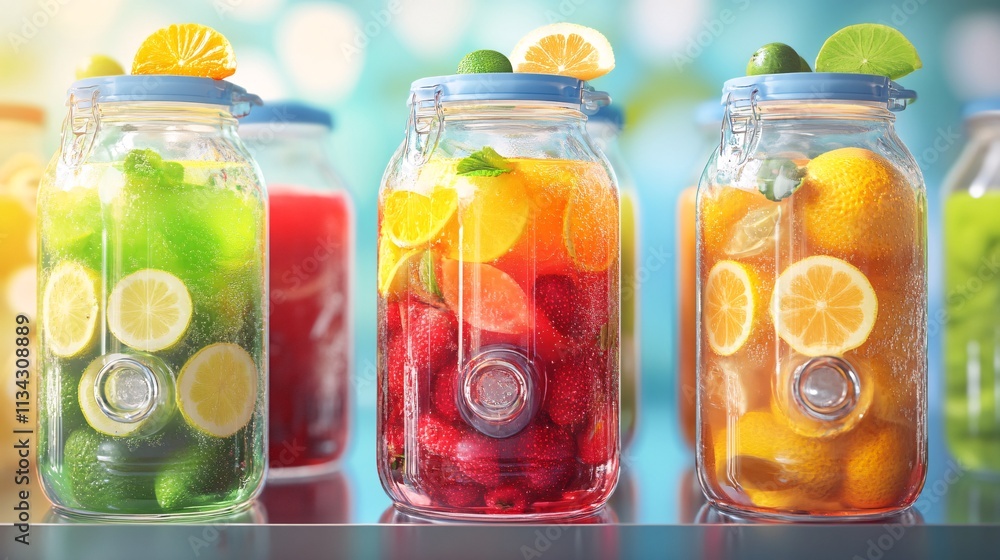 Colorful fruit-infused drinks in glass jars showcasing vibrant hues and fresh ingredients. Colorful fruit-infused drinks in glass jars showcasing vibrant hues and fresh ingredients.