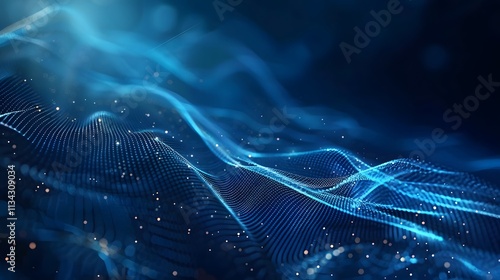 Abstract blue digital wave background with glowing particles.