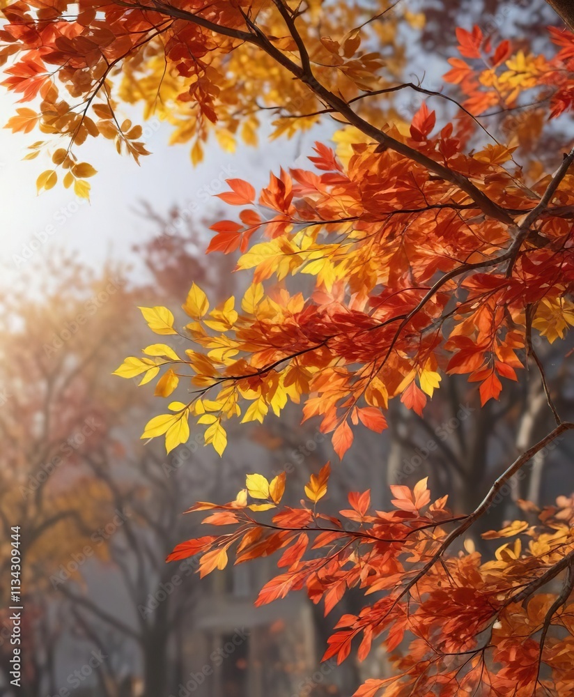 a tree branch with vibrant autumn leaves of orange, red and yellow, swaying gently in the breeze, branches, outdoor a tree branch with vibrant autumn leaves of orange, red and yellow, swaying gently in the breeze, branches, outdoor