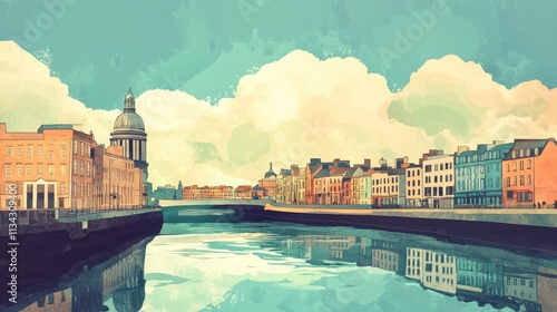 Vintage style view of Dublin Ireland with Liffey river illustration photo