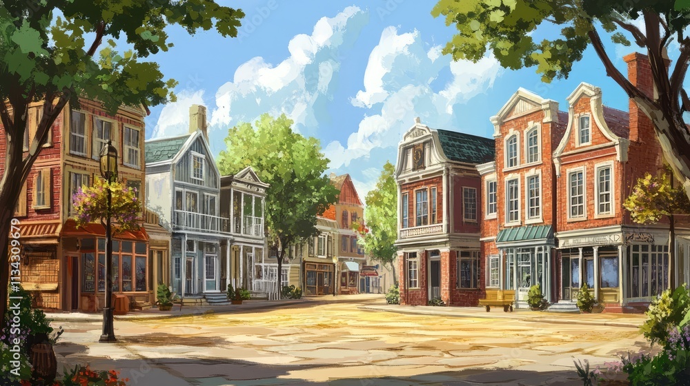 Naklejka premium Vintage Town Streetscape with Historic Buildings and Quiet Charm.