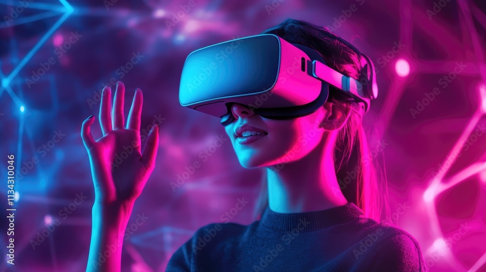 Virtual reality 3d augmented experience exited digital generate person wear vr glasses goggle headset hand gesture touch 3d object in virtual world fun cheerful and remarkable, Virtual reality 3d augmented experience exited digital generate person wear vr glasses goggle headset hand gesture touch 3d object in virtual world fun cheerful and remarkable,