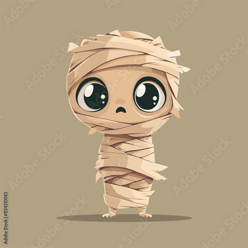 Cartoon mummy character wrapped in beige bandages, smiling.