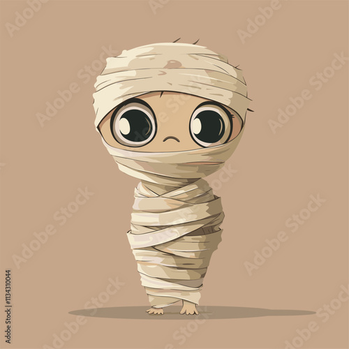 Cartoon mummy character wrapped in beige bandages, smiling.