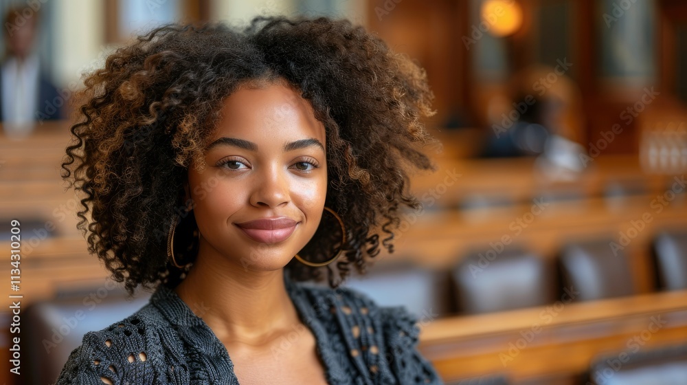 A young woman with curly hair smiles in a warm, inviting interior setting.