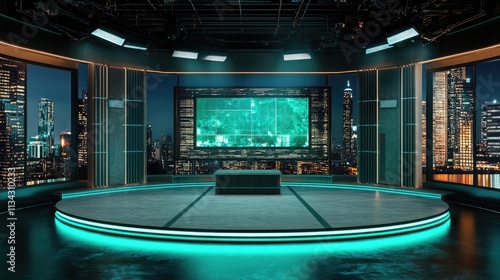 Virtual TV Studio News Set. Green screen background. 3d Rendering