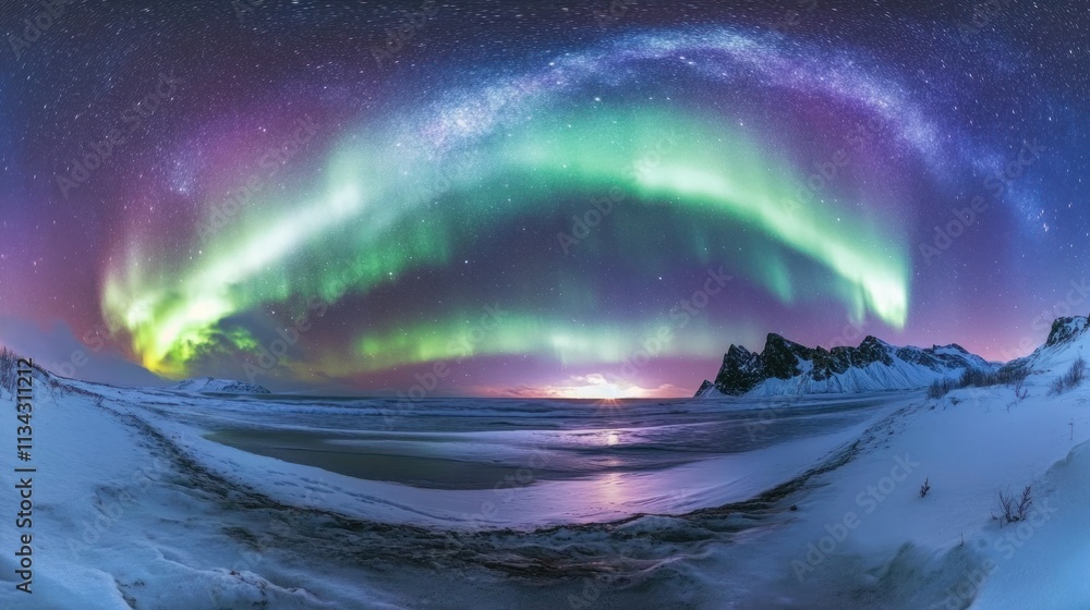 A beautiful aurora borealis dancing over a snowy landscape under a star-filled sky A beautiful aurora borealis dancing over a snowy landscape under a star-filled sky