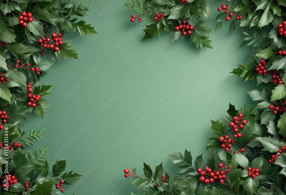 Muted green gradient background with festive holly leaves and berries, green gradient, christmas decoration, calming atmosphere Muted green gradient background with festive holly leaves and berries, green gradient, christmas decoration, calming atmosphere