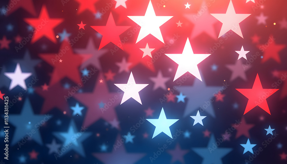 Abstract star pattern, overlapping red, white and blue stars with glowing gradient, festive and patriotic background. Abstract star pattern, overlapping red, white and blue stars with glowing gradient, festive and patriotic background.