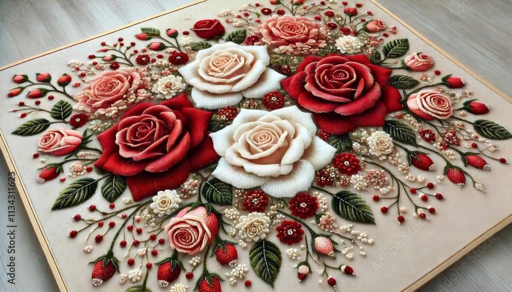 Naklejka premium Embroidery roses bouquet with pearls and beads displaying artistic elegance
