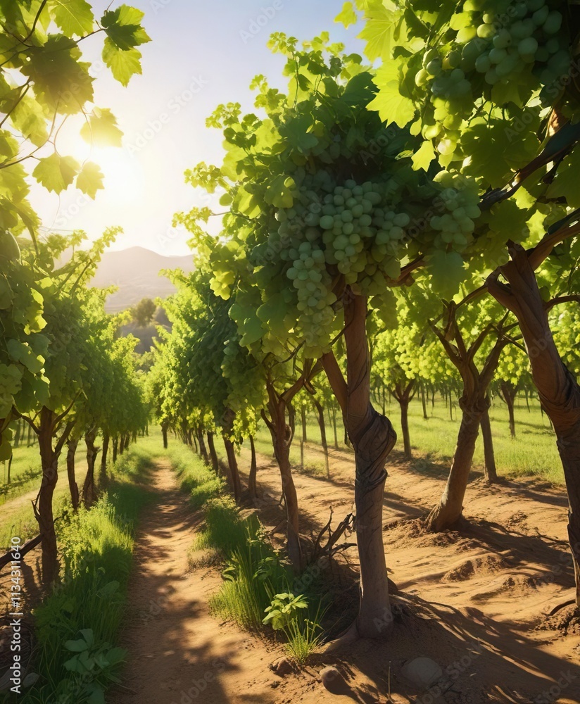 warm sunlight illuminates the lush green grapevines in a picturesque vineyard, grapes, landscape, light warm sunlight illuminates the lush green grapevines in a picturesque vineyard, grapes, landscape, light