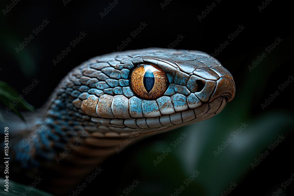 Close-up of the head and eyes of an exotic blue snake, with its slithering body partially visible against dark green leaves in the background Close-up of the head and eyes of an exotic blue snake, with its slithering body partially visible against dark green leaves in the background