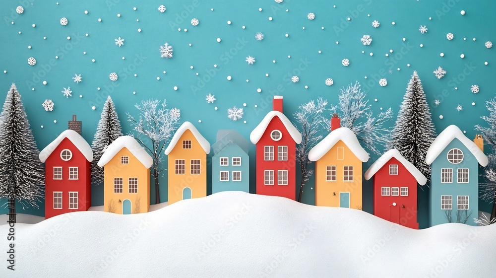 Colorful Retro Style Christmas Village Covered in Snowy Landscape