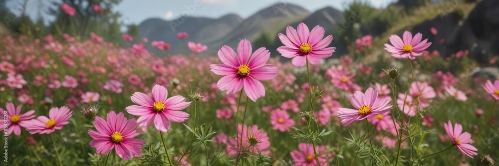 Pink Cosmos flowers swaying in the morning breeze , delicate, flowers Pink Cosmos flowers swaying in the morning breeze , delicate, flowers