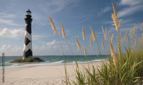 Sea oats swaying in the wind near Cape Lookout Lighthouse , ocean breeze, coastal grasses photo