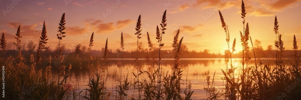 Fototapeta premium Softly glowing reed flowers against warm sunset sky, serene landscape, reed flowers