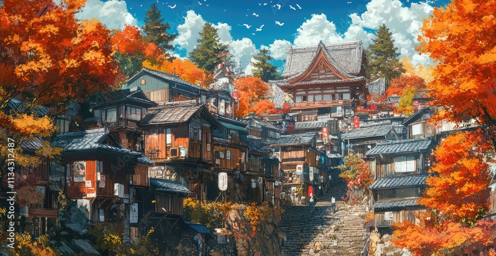 Obraz premium Walled city, Japan in autumn, anime style, future