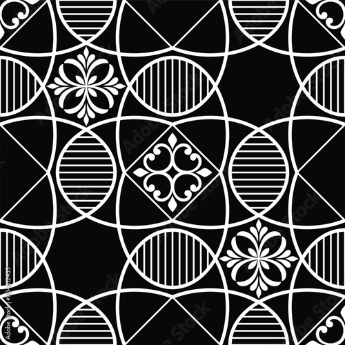 Abstract geometric floral seamless pattern. Black and white ornament. Modern stylish texture repeating. Vector background.