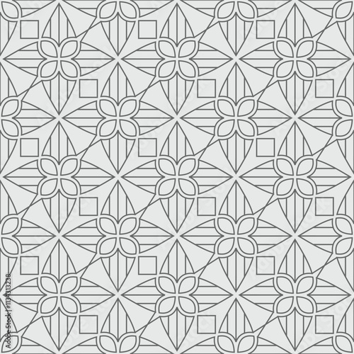 Floral geometric seamless pattern. Gray and white ornament. Fabric for ornament, wallpaper, packaging, vector background