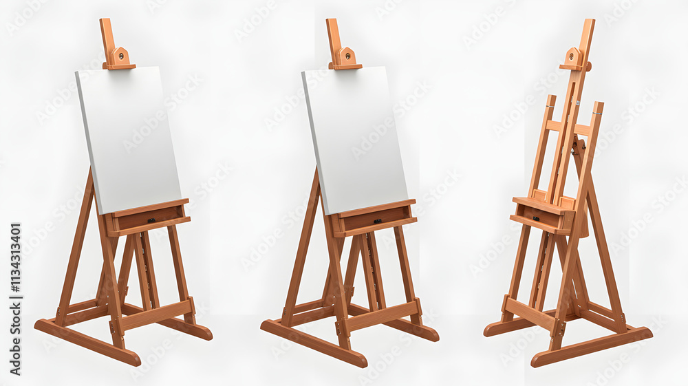 Wooden artist easel with blank canvas in a minimalist style and neutral colors copy space Wooden artist easel with blank canvas in a minimalist style and neutral colors copy space