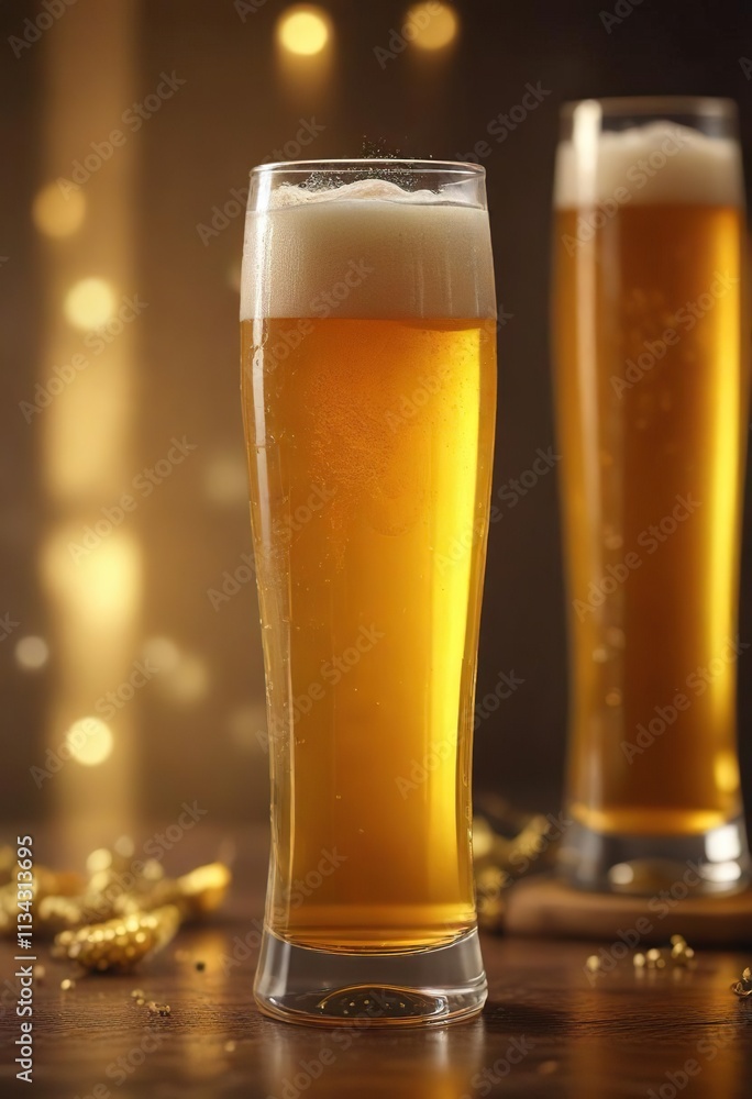 Tall glass filled with golden beer and garnish, cool drink, lager Tall glass filled with golden beer and garnish, cool drink, lager