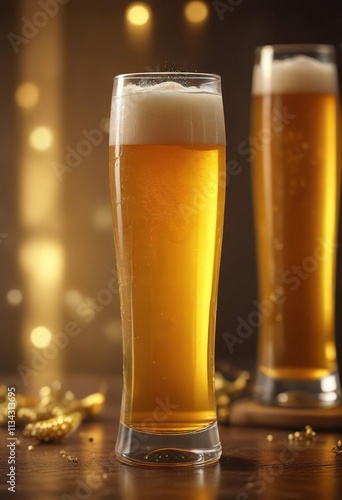 Tall glass filled with golden beer and garnish, cool drink, lager photo