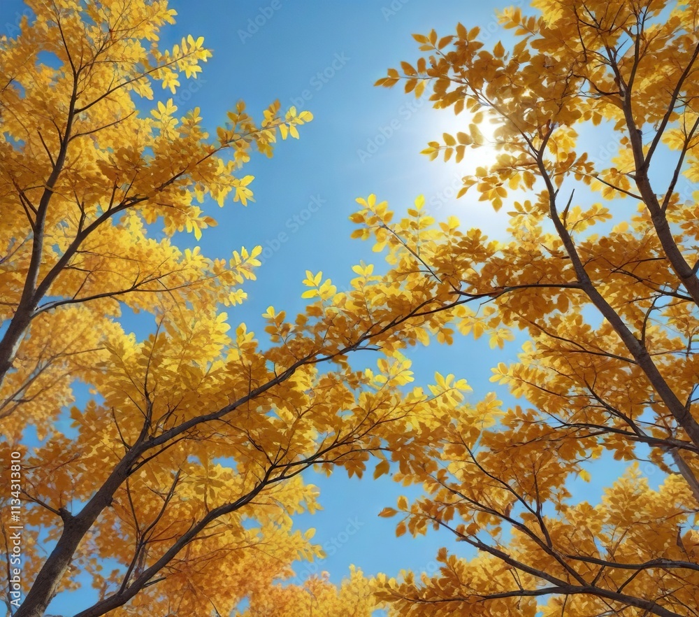 Autumn bush with yellow leaves against a blue sky, fall foliage, wide-angle, autumn bush Autumn bush with yellow leaves against a blue sky, fall foliage, wide-angle, autumn bush