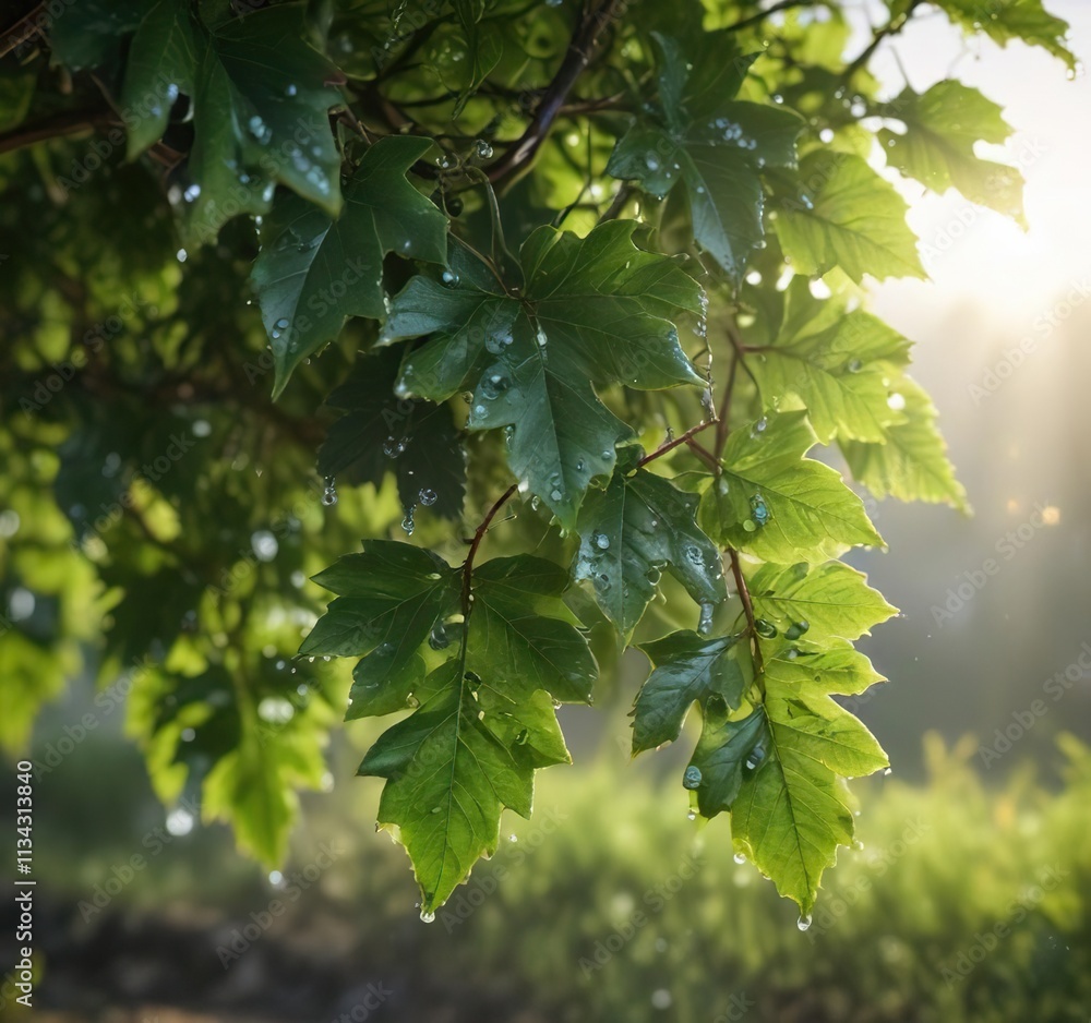 early morning dew on lush grapevine leaves with dew drops sparkling in the sunlight, natural, earthy early morning dew on lush grapevine leaves with dew drops sparkling in the sunlight, natural, earthy
