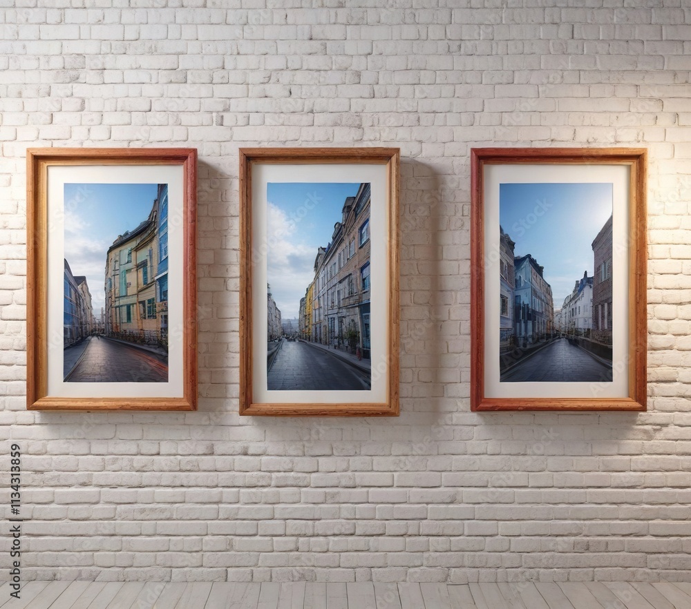 Four picture frames on a plain white brick wall, wall, frame Four picture frames on a plain white brick wall, wall, frame
