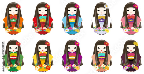 着物を着た、顔色が悪くて少し怖い目の髪の伸びた日本のお菊人形のカラバリイラストセット