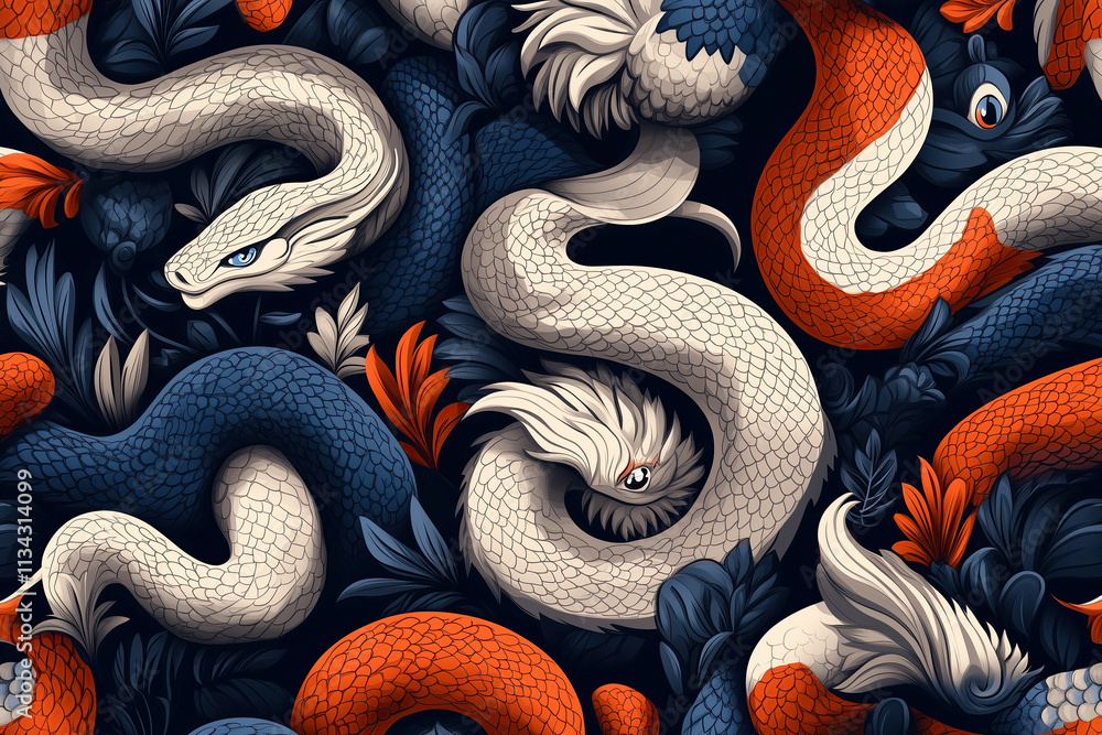 Pattern of white, blue and orange dragons. Abstract wallpaper. Pattern of white, blue and orange dragons. Abstract wallpaper.
