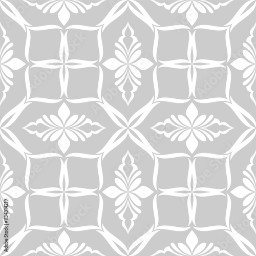 Floral geometric seamless pattern. Gray and white ornament. Fabric for ornament, wallpaper, packaging, vector background