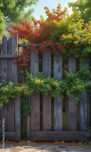 Blueberry bushes with bright green and colorful leaves leaning against an old wooden gate, blueberries, leafy greens, countryside
