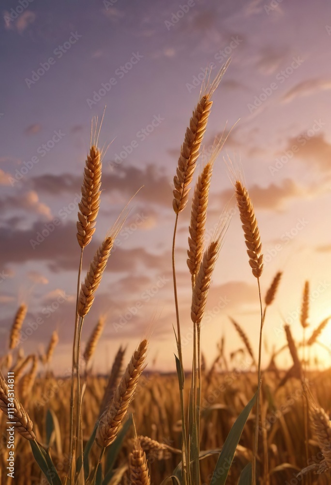 Obraz premium Wheat stalks swaying in the breeze during sunset, rural life, sunset