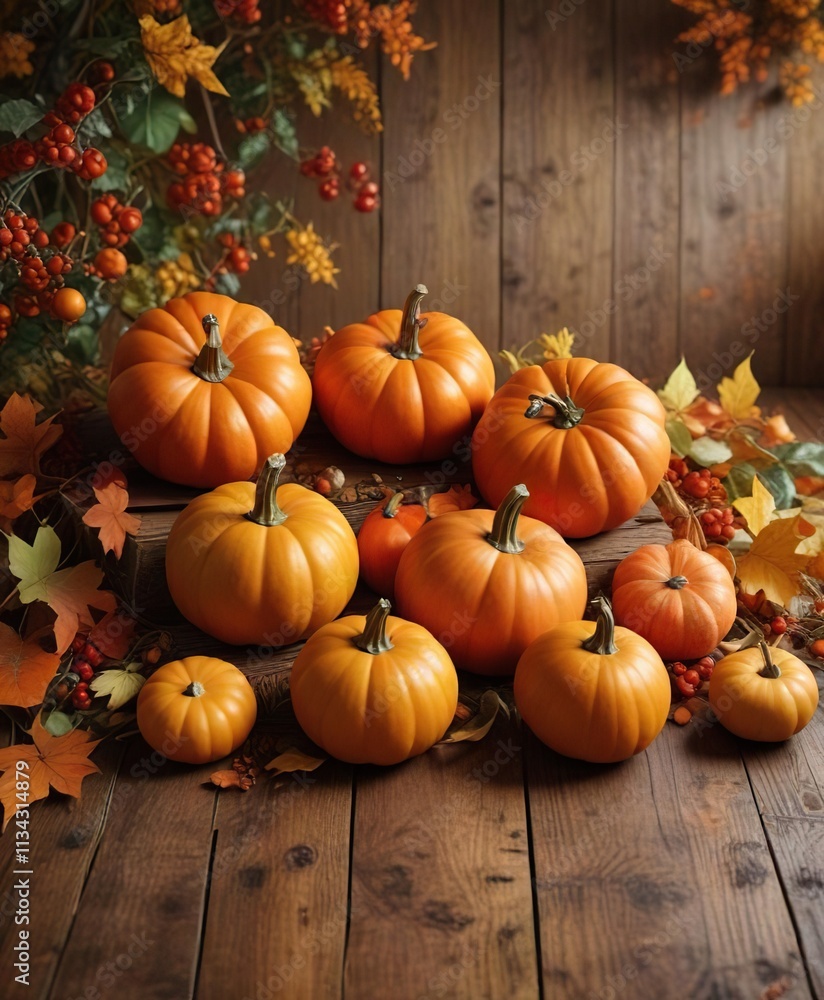 A group of pumpkins arranged in a decorative pattern on a wooden table against a backdrop of autumnal leaves and vines, halloween theme, decorative arrangements A group of pumpkins arranged in a decorative pattern on a wooden table against a backdrop of autumnal leaves and vines, halloween theme, decorative arrangements