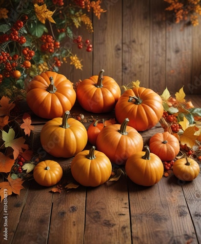 A group of pumpkins arranged in a decorative pattern on a wooden table against a backdrop of autumnal leaves and vines, halloween theme, decorative arrangements