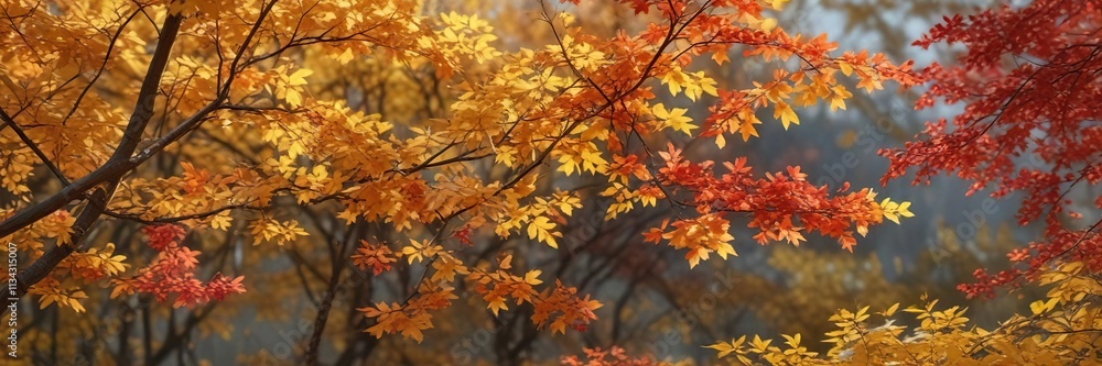 Autumn yellow maple leaves against a backdrop of a full barberry bush with bright red berries, tree branches, fall foliage, autumn foliage Autumn yellow maple leaves against a backdrop of a full barberry bush with bright red berries, tree branches, fall foliage, autumn foliage